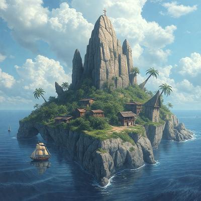 The primary subject of the image is a large rock island with a castle-like structure on top. The setting is a body of water, with a boat floating nearby. The visual style is a combination of digital art and illustration, creating a unique and intriguing scene. The colors and mood of the image are predominantly dark and dramatic, with the rock island and castle standing out against the water and sky.